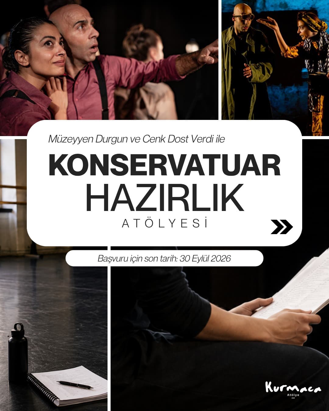 Konservatuvar Hazırlık Atölyesi afişi: prova ve sahne karelerinden oluşan bir kolaj